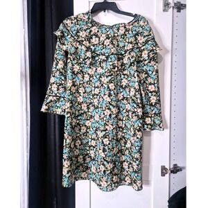 NWT Zara Womens Floral Ruffle Mini Dress Black Blue Pink 3/4 Sleeve  Size  M